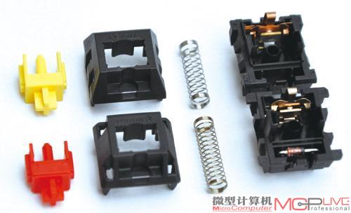 黄轴与红轴对比，两者内部部件差不多。